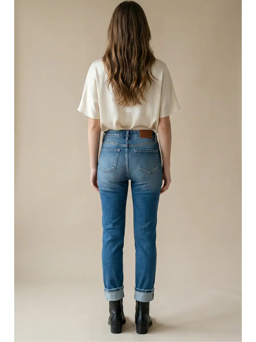 Mesh Tummy Control High Rise Straight w/ Single Cuff Jeans