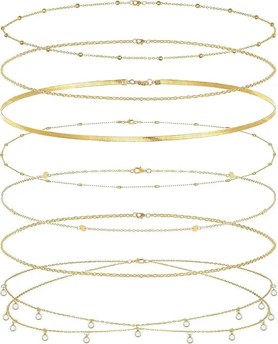8Pcs Waist Chain 18K Gold Plated Belly Belt Chains Sexy Bikini Beaded Sequin CZ Coin Body Chain Jewelry Accessories Adjustable