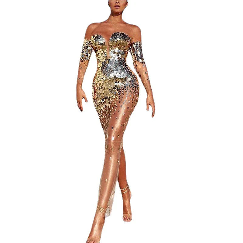 Women's Sexy Silver Dress Fashion Sexy Long Sleeves Organza Skirt