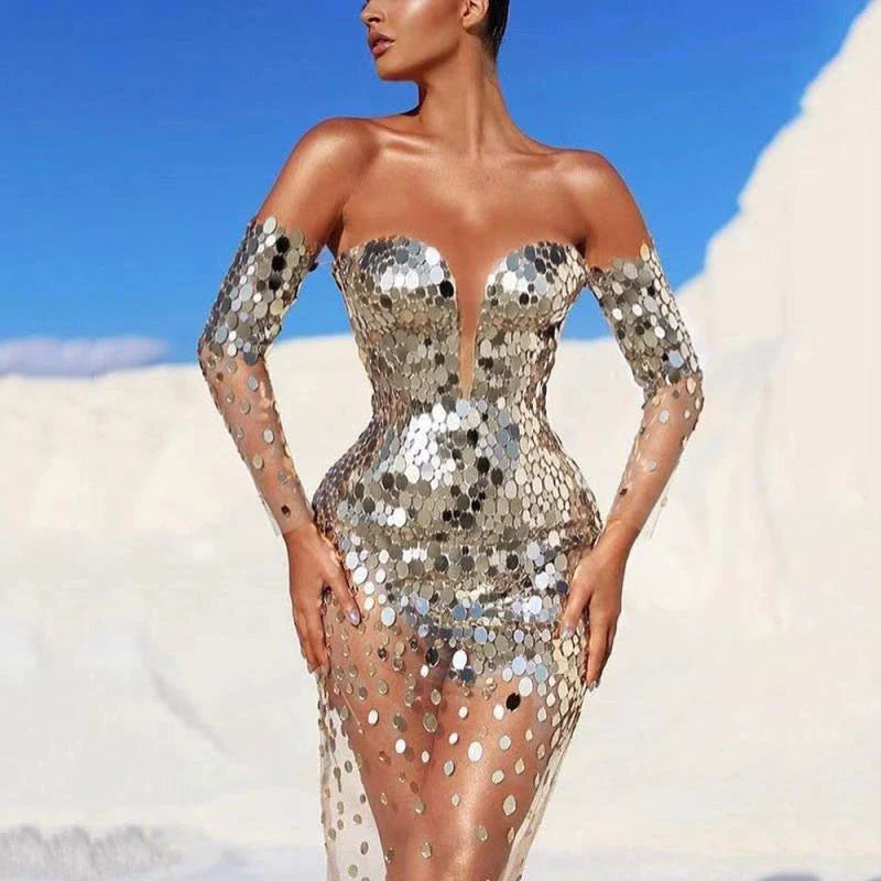 Women's Sexy Silver Dress Fashion Sexy Long Sleeves Organza Skirt