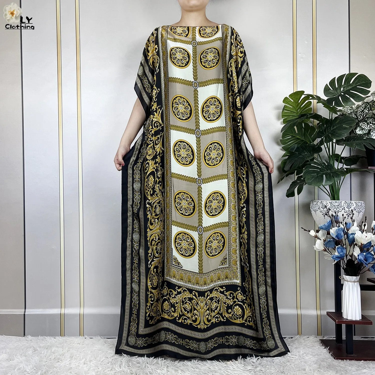 Women Printed Silk Soft Loose Maxi Party Dresses With Belt Turban