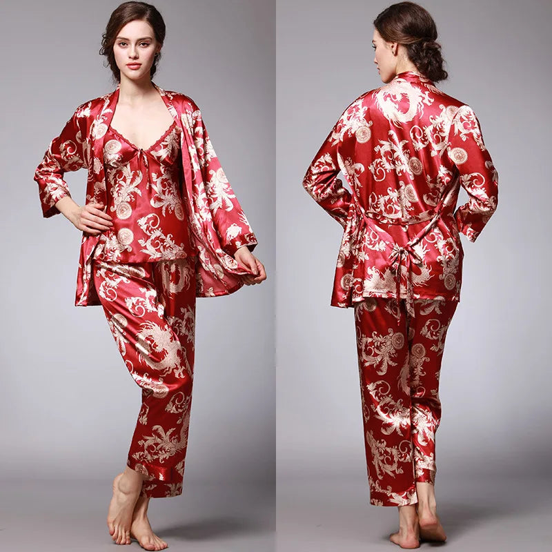 Women's Silk Satin Pajamas Set 3 Pcs Floral Silky Sets Sleepwear