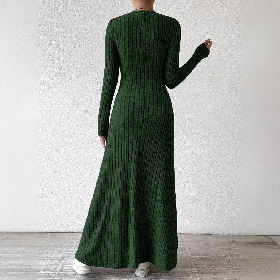 Women Knitted Elegant Winter Maxi Dress O Neck Long Sleeves