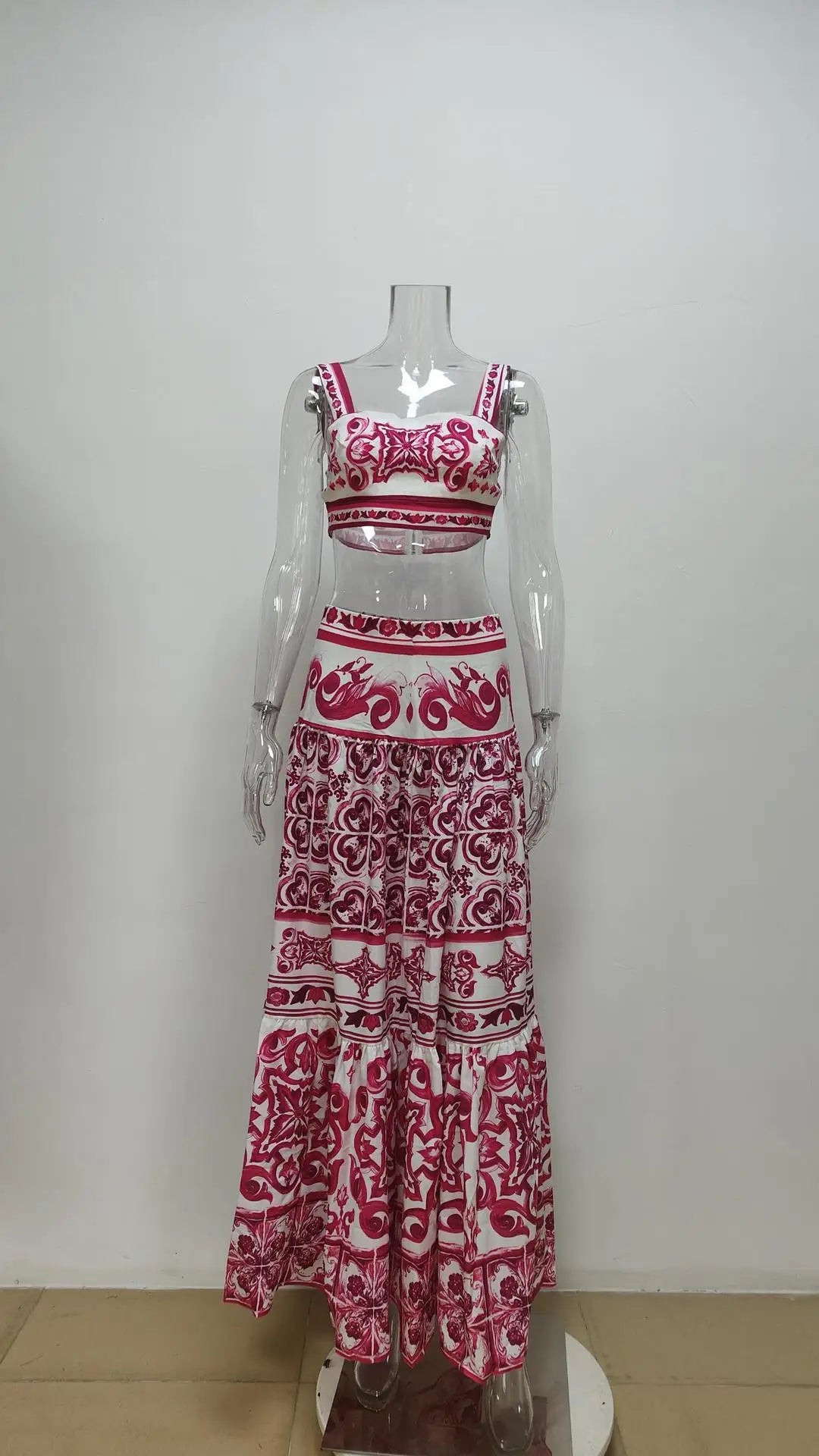 Summer Beach Print Two-piece Set Strapless Crop Top and Long Skirt Maxi