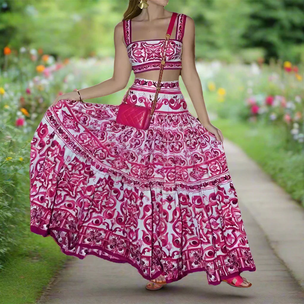Summer Beach Print Two-piece Set Strapless Crop Top and Long Skirt Maxi