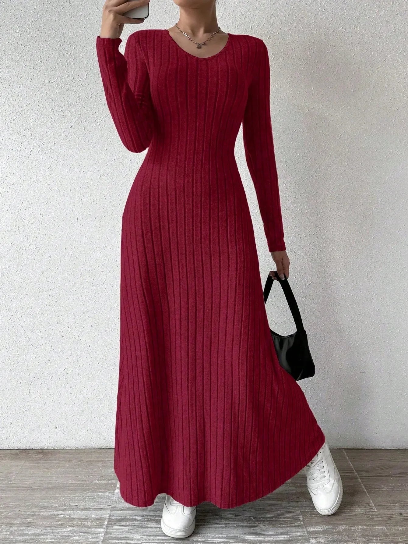 Women Knitted Elegant Winter Maxi Dress O Neck Long Sleeves