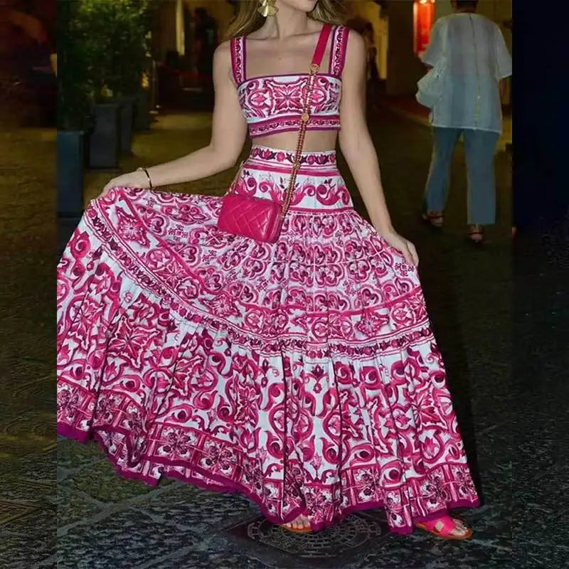 Summer Beach Print Two-piece Set Strapless Crop Top and Long Skirt Maxi