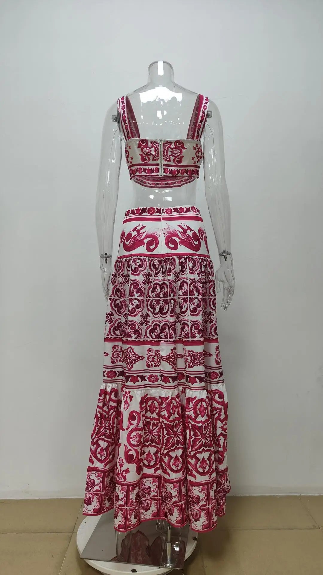 Summer Beach Print Two-piece Set Strapless Crop Top and Long Skirt Maxi
