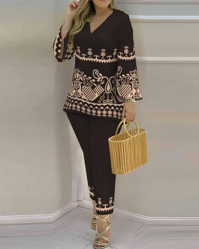Long Sleeve V-neck Polyester Printing Two Pieces Sets