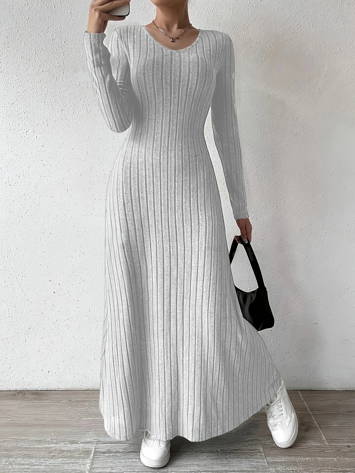 Women Knitted Elegant Winter Maxi Dress O Neck Long Sleeves
