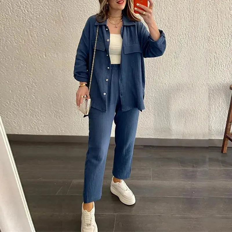 Casual Loose Shirt & Cropped Pants Set for Women