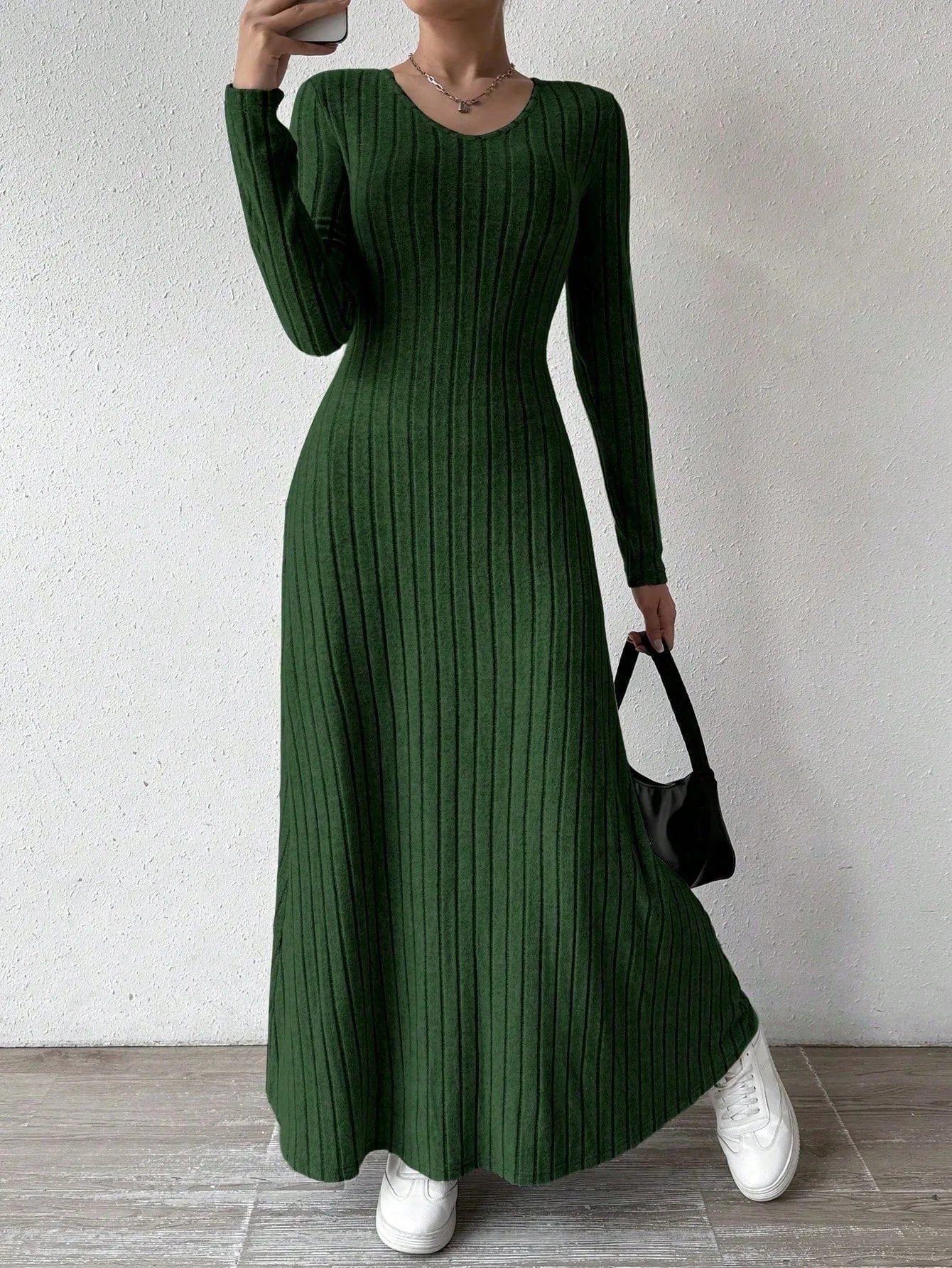 Women Knitted Elegant Winter Maxi Dress O Neck Long Sleeves