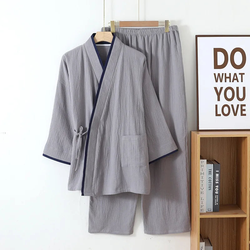 Pure Cotton crape Kimono Pajamas Men Sleepwear Autumn Long Sleeve Home Wear