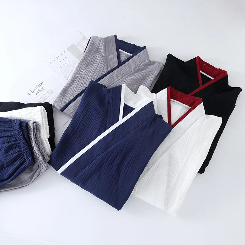 Pure Cotton crape Kimono Pajamas Men Sleepwear Autumn Long Sleeve Home Wear