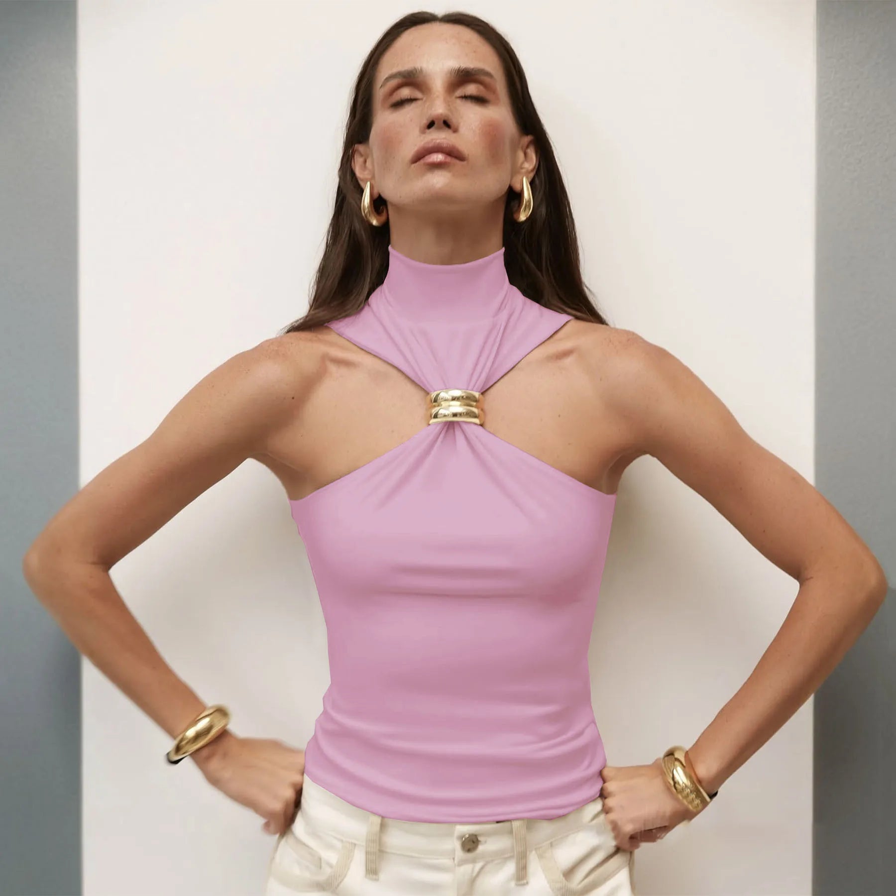 Turtleneck Basic Knit Women Tank Tops