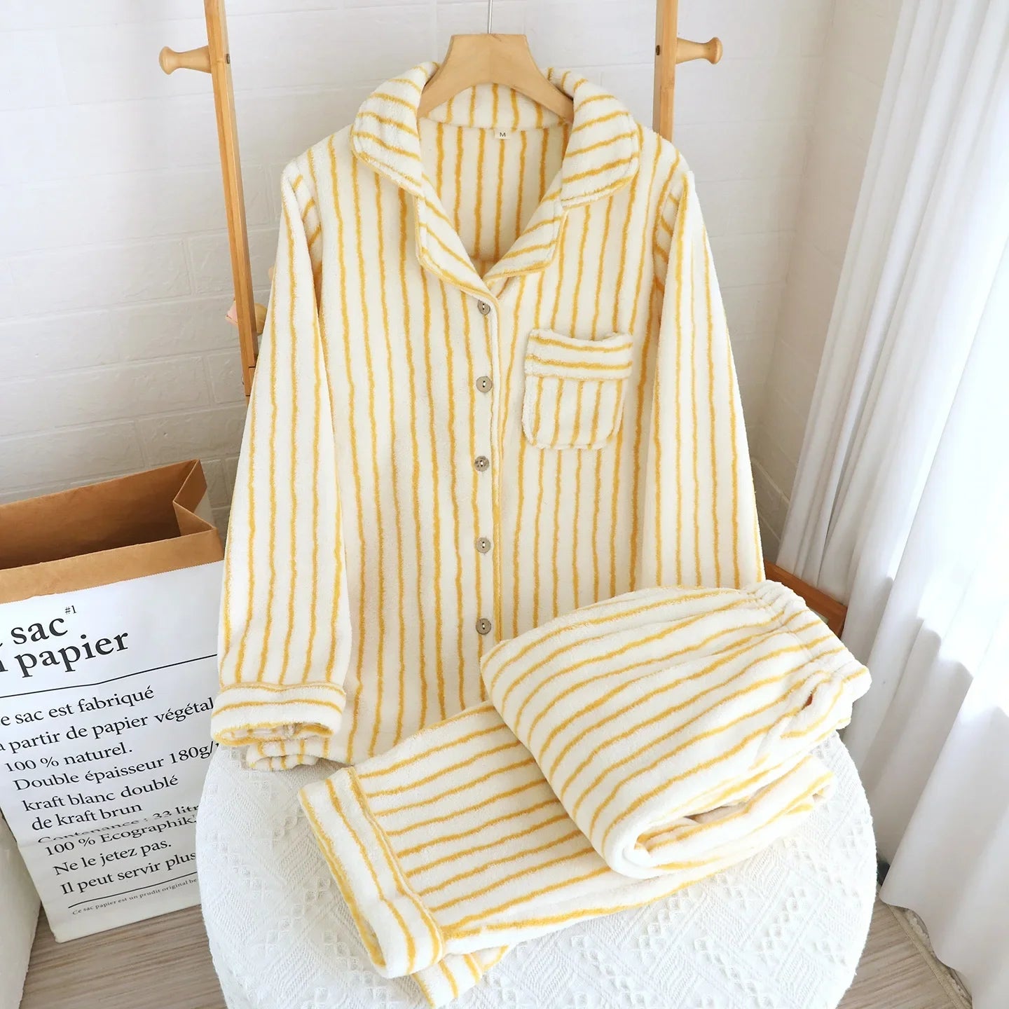 Unisex Winter Plush Couple Flannel Pajamas 2 Piece Set Warm and Soft Home Nightwear Clothes