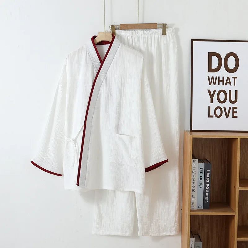 Pure Cotton crape Kimono Pajamas Men Sleepwear Autumn Long Sleeve Home Wear