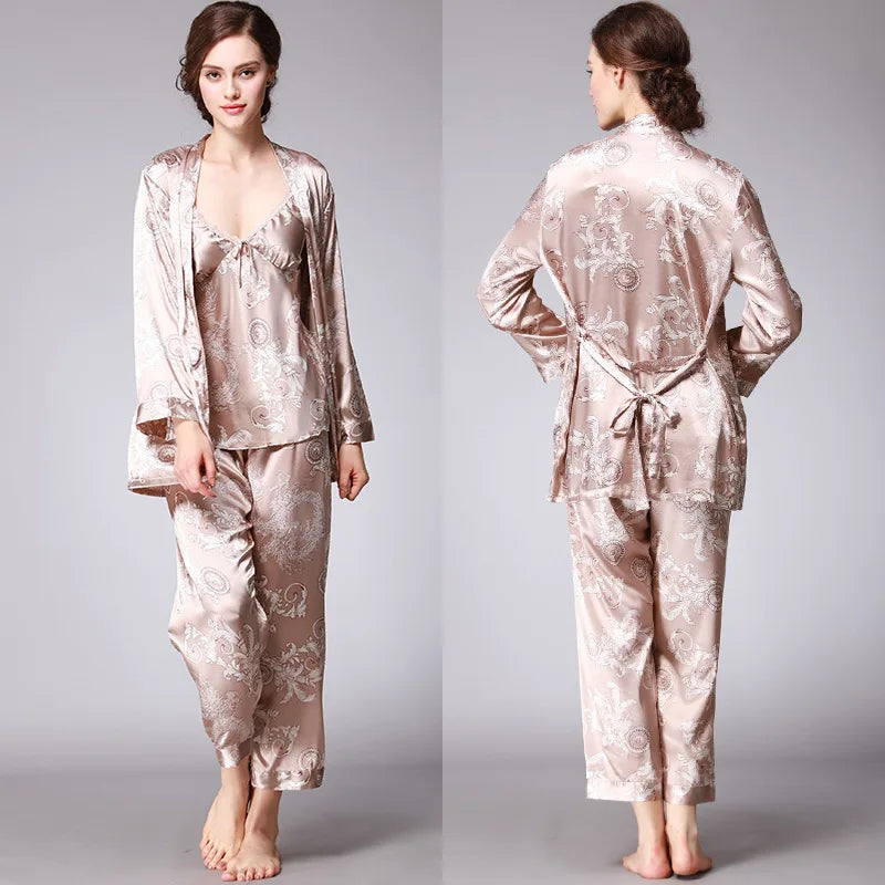 Women's Silk Satin Pajamas Set 3 Pcs Floral Silky Sets Sleepwear