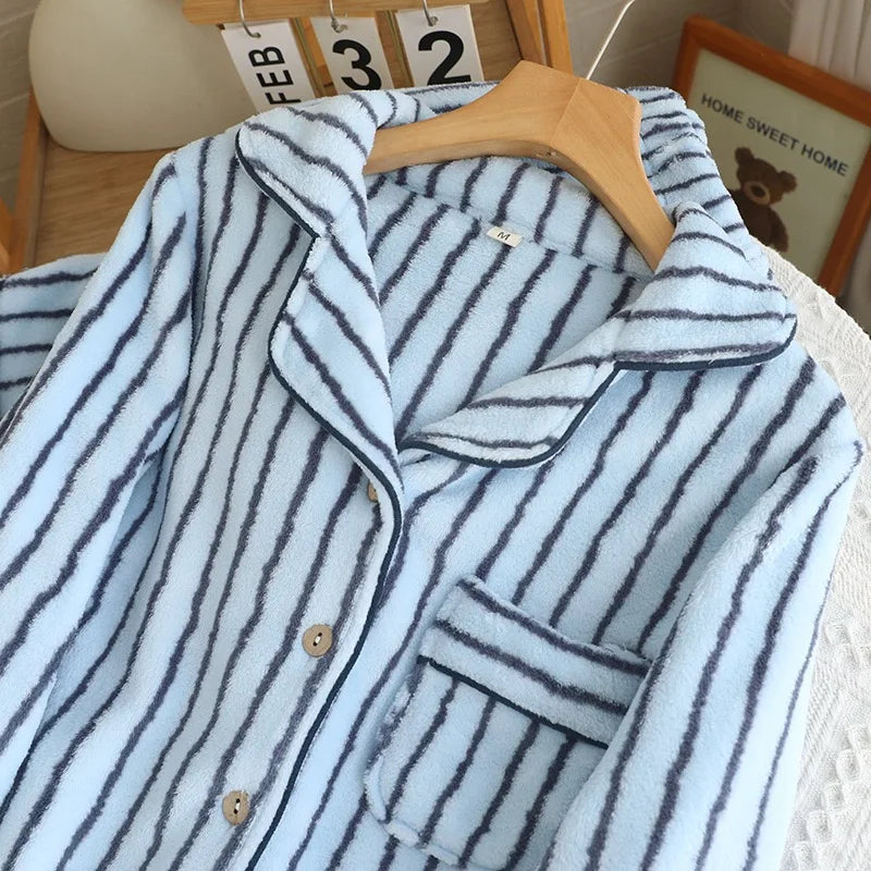 Unisex Winter Plush Couple Flannel Pajamas 2 Piece Set Warm and Soft Home Nightwear Clothes