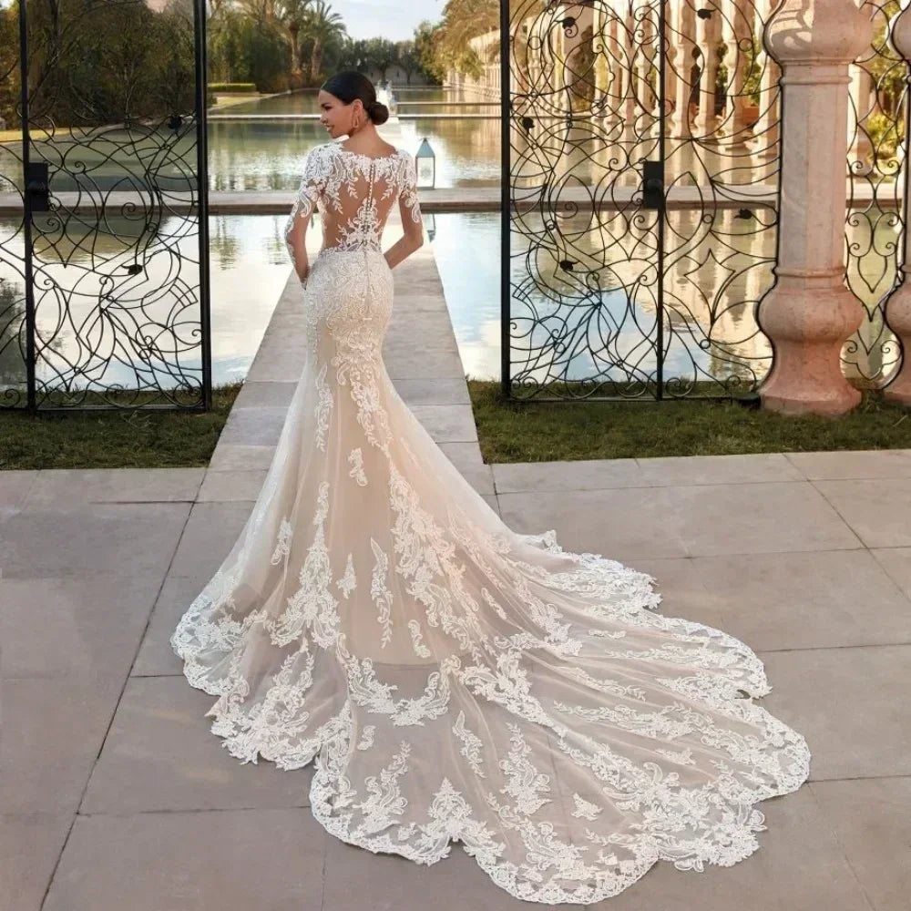 Boho Mermaid Wedding Dress - Long Sleeve Lace Gown Customizable | Femstylo