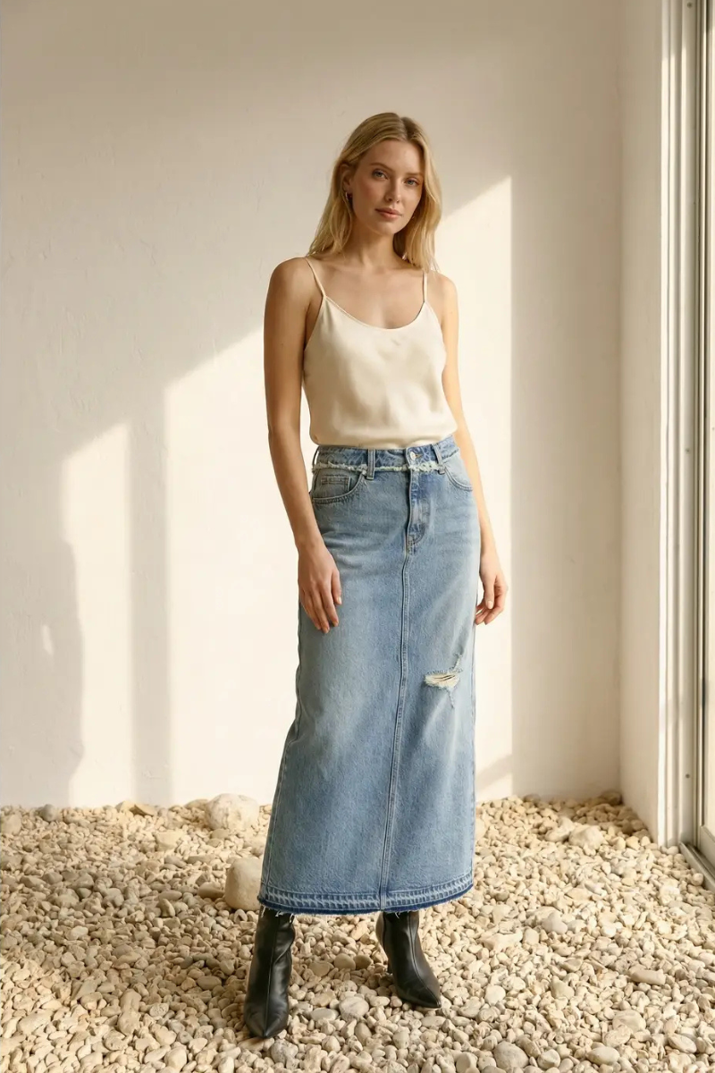Livia Denim Maxi Skirt Frayed Waistband w/ Slit Detail