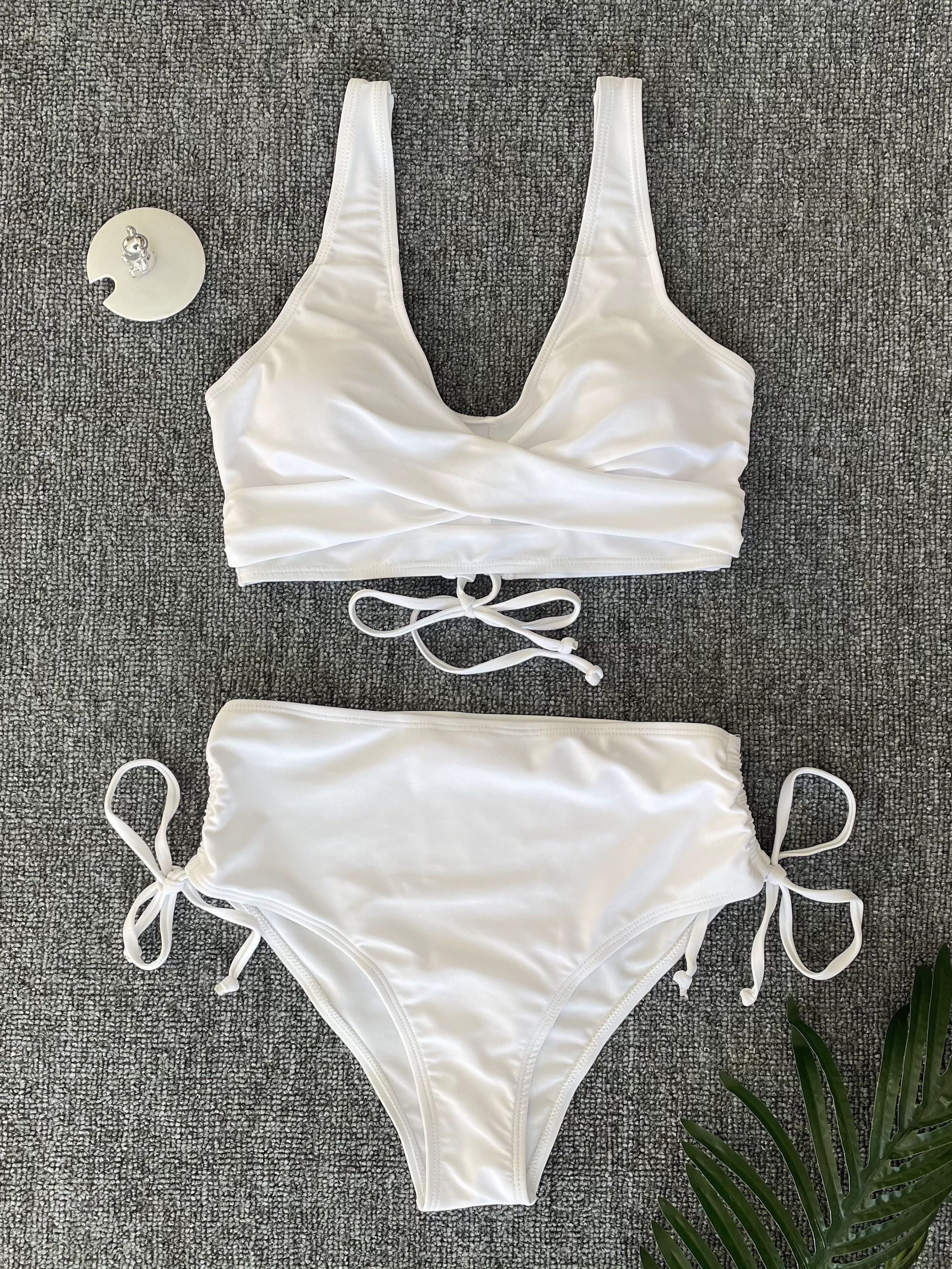 Bikini Twist Front V Neck High Waist 2 Piece Bikini Set for Women – Stretchy Tie Back Swimsuit with Drawstring Lace Up and Comfortable Fit – Trendy Solid Color Swimwear for Beach Days Pool Parties and Summer Vacations