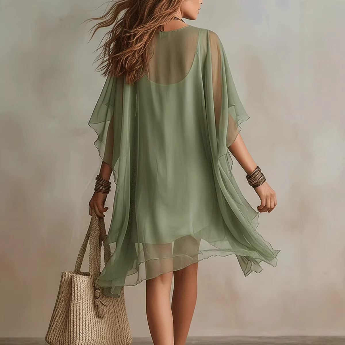 Robe de plage bohème en mousseline de soie à manches chauve-souris et col en V pour femme