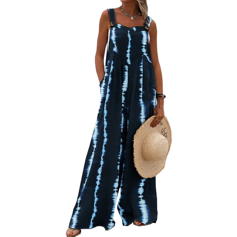 Womens Printed Sleeveless Loose Casual Wide-Leg Pants