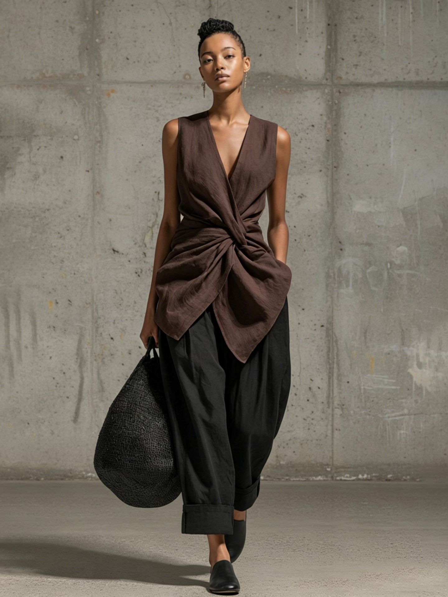 Ensemble top sans manches à col en V noué devant et pantalon large pour femme