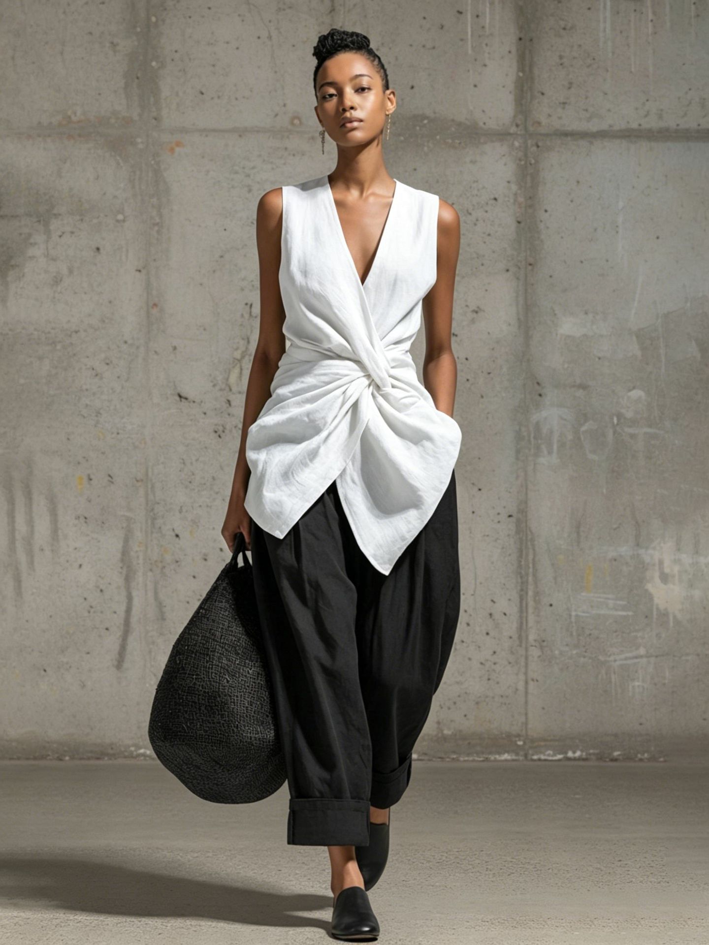 Ensemble top sans manches à col en V noué devant et pantalon large pour femme