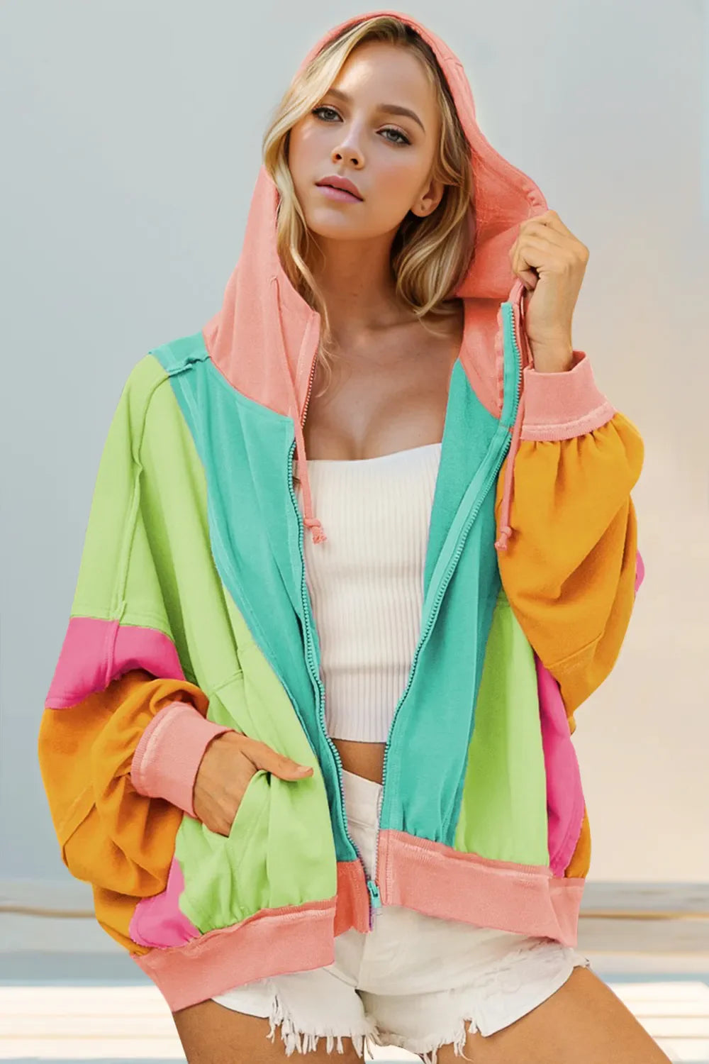 Double Take Full Size Color Block Zip Up Hoodie See size chart under “more details”