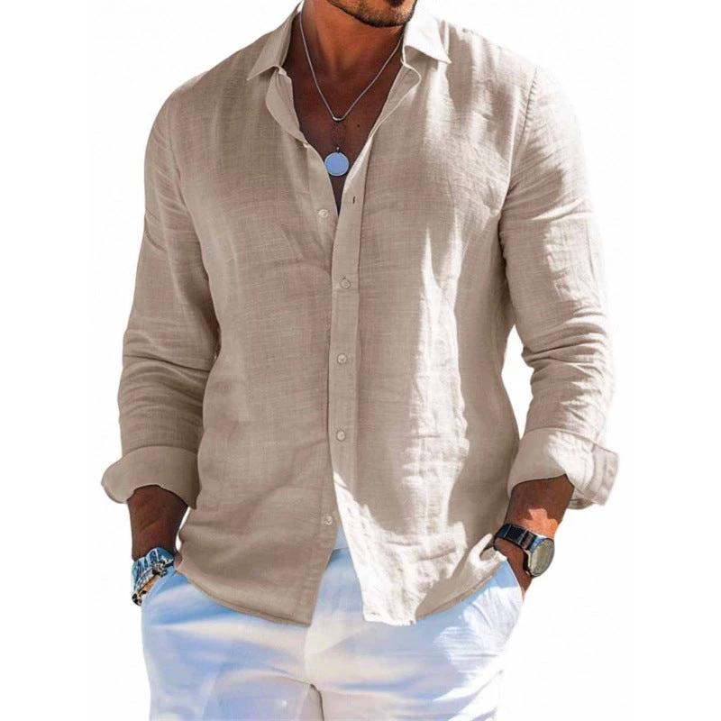 Men's Long Sleeve Shirt Casual Loose Lapel Button Top Solid Color Plus Size Blouse Clothing