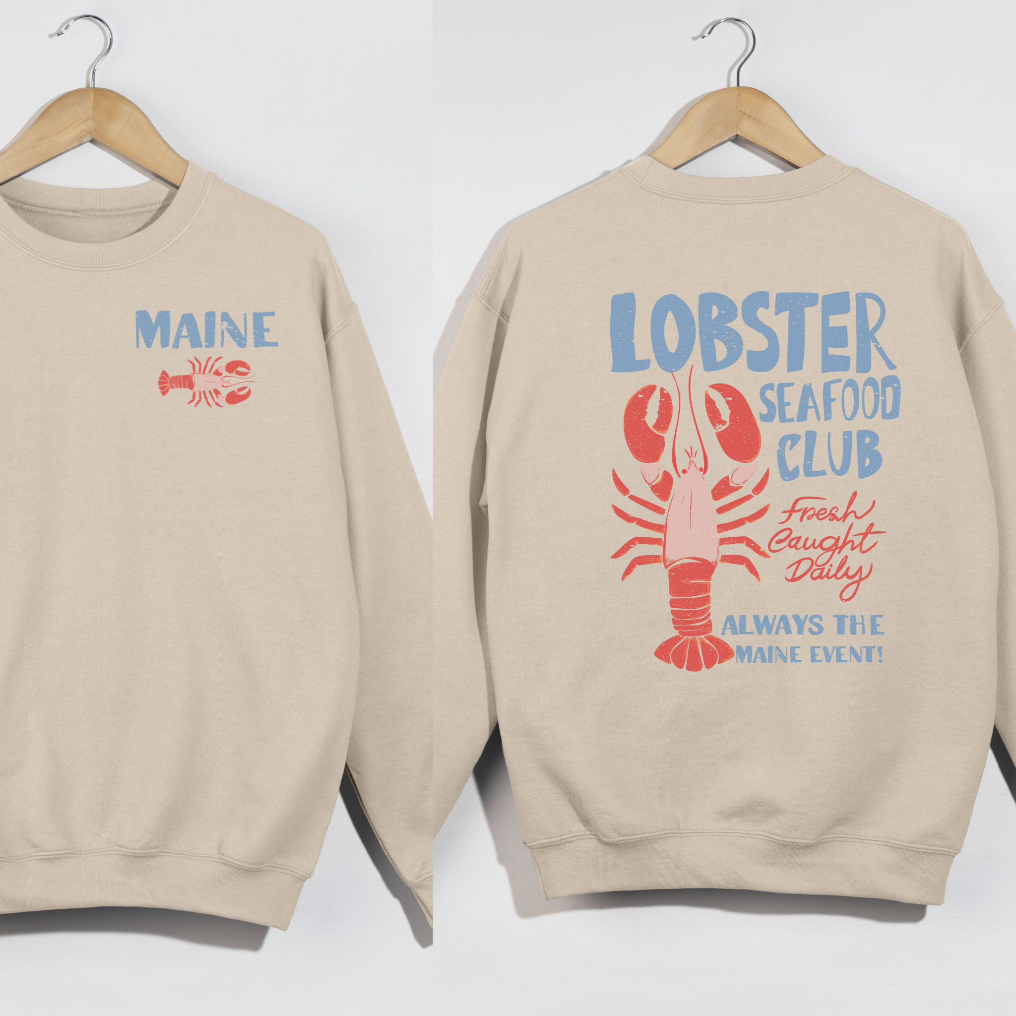Maine Lobster Seafood Club Crewneck Sweatshirt – Coastal New England Lobster Graphic Pullover