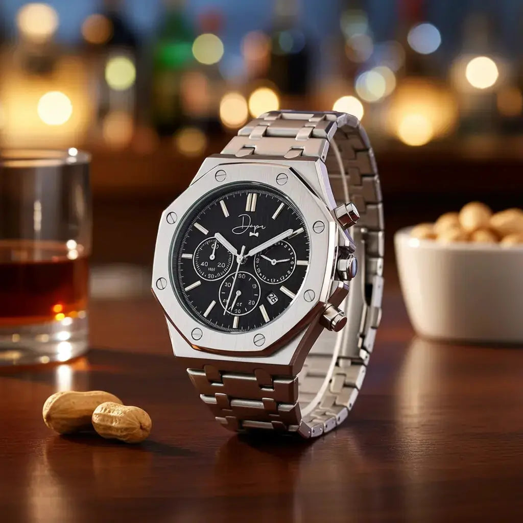 Stainless Steel Chronograph Watch- ChronoLunar Black Dial by Dapper Watches